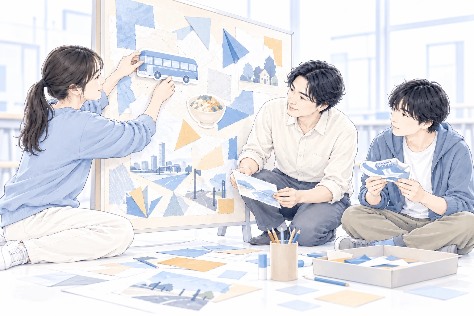 教師と生徒が、生活に関わる絵や素材を使い、一緒にコラージュをつくる。