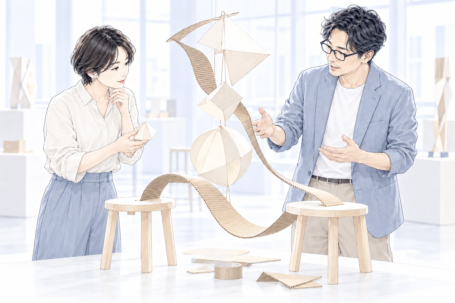 日用品を組み替えた作品を前に、つくり手と見る人が、その意味を話す。
