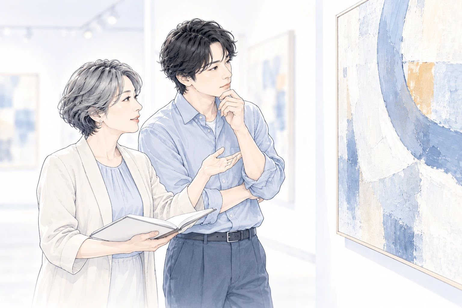美術館で同じ作品を見ながら、見つけたことと受け取り方を話す二人。