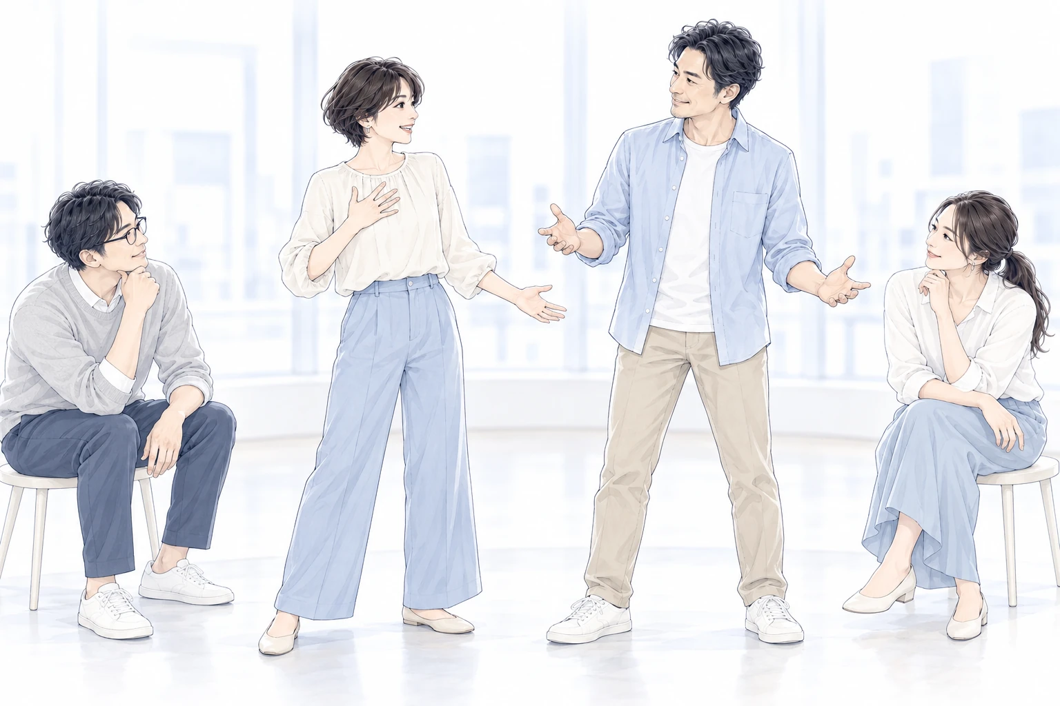 演劇の即興を試す同僚と、その関わり方を見て話し合う同僚。