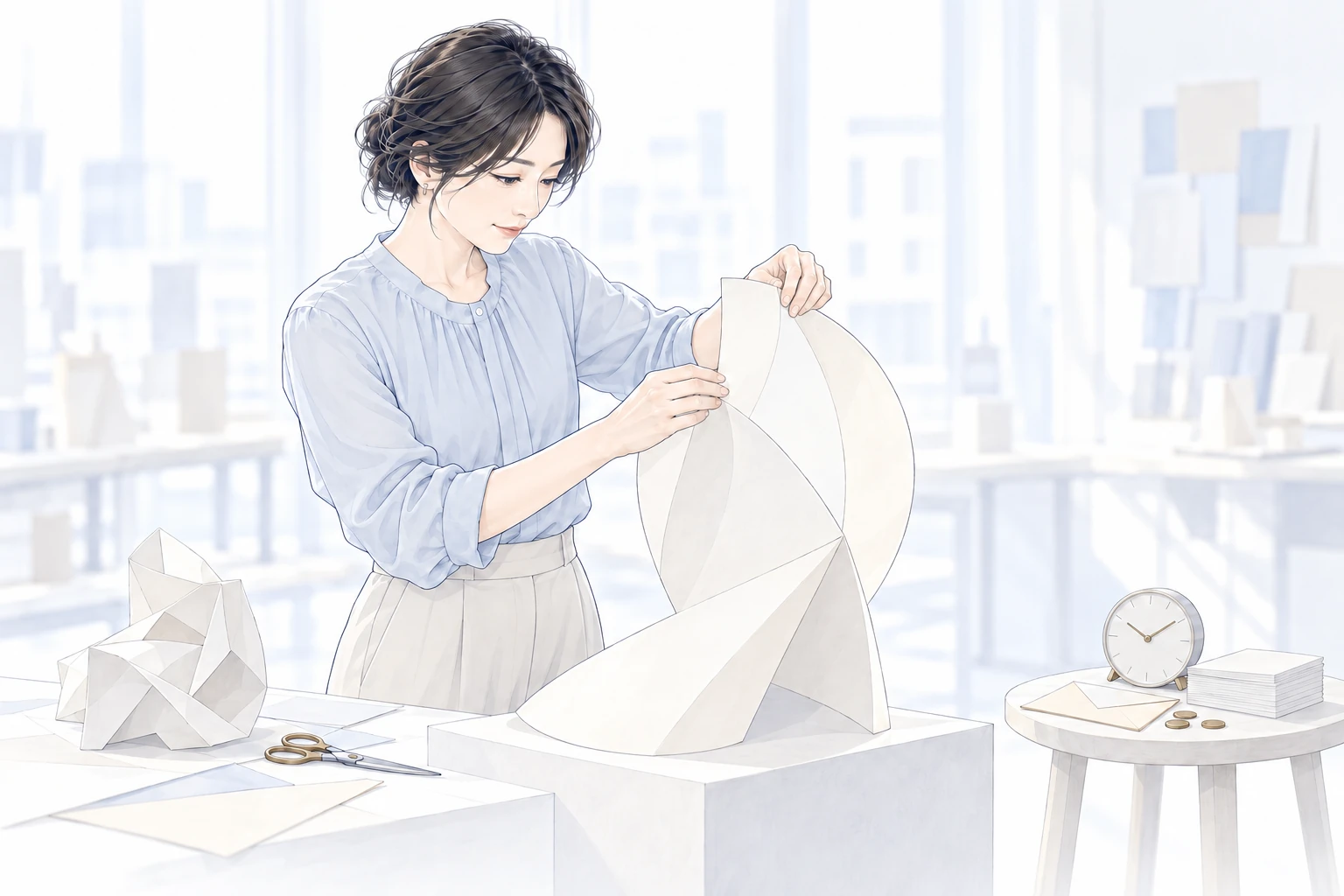 制作途中の紙の形を見比べ、使える時間や費用の条件も考える女性。