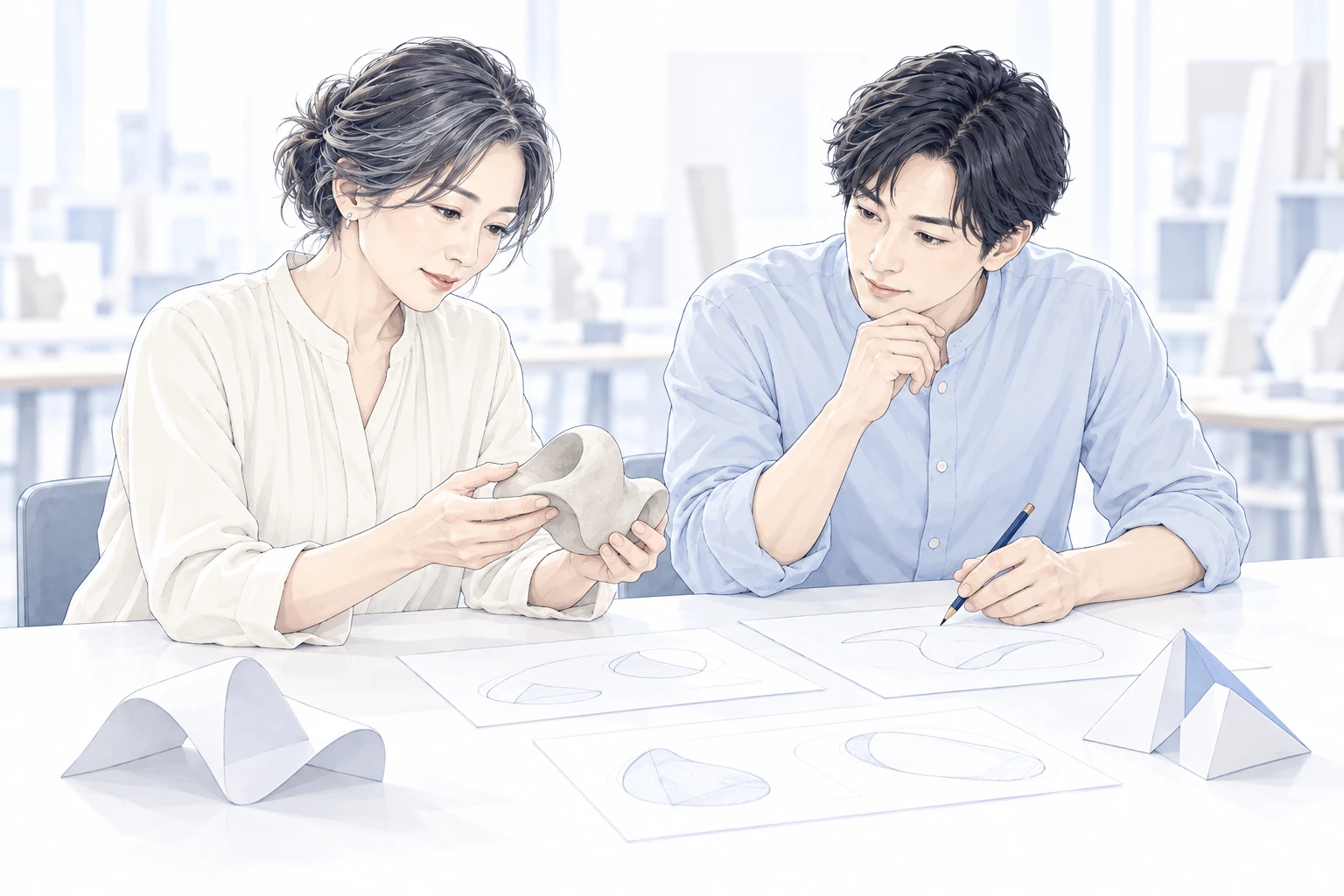 制作途中の粘土の形とスケッチを見比べ、気づいたことを話す二人。