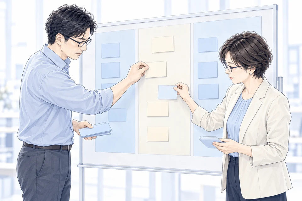 現在の仕事と新たに担う仕事のカードを並べ、役割と配分を考える二人