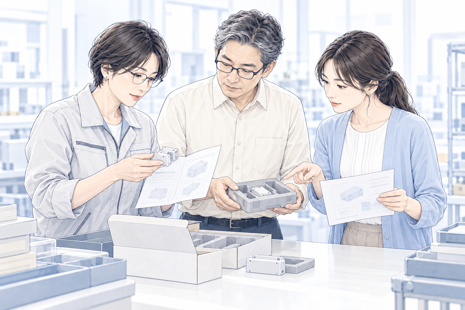 設計・準備・受け取りを担う三人が、実物と資料で受け渡しの条件を確かめる場面