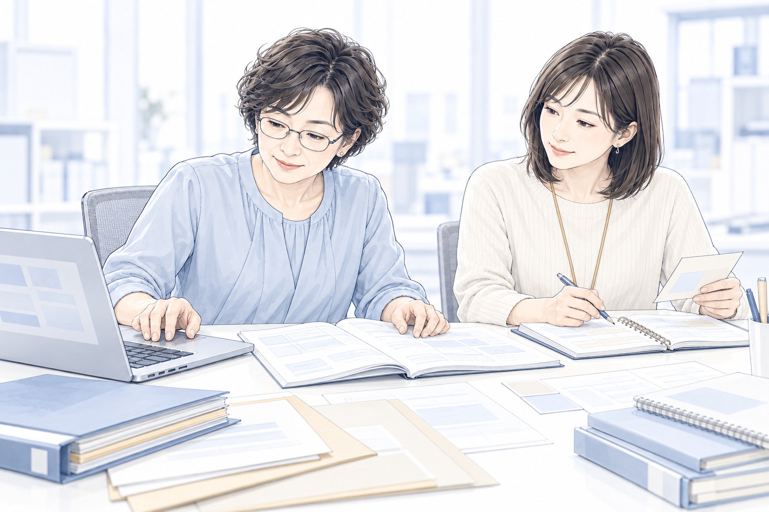 学んだ資料を見ながら実際の仕事に取り組む本人と、機会や時間を相談する支援者