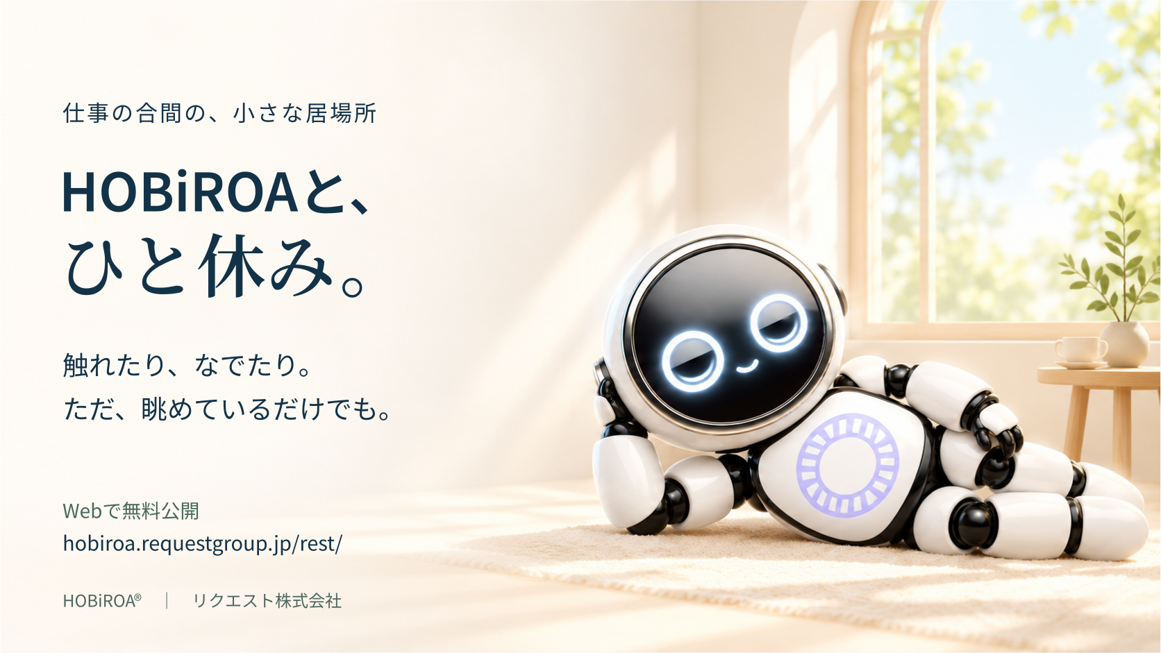 明るい部屋でのんびり横になるHOBiROA。触れて、なでて、眺めて過ごすひと休みページ。