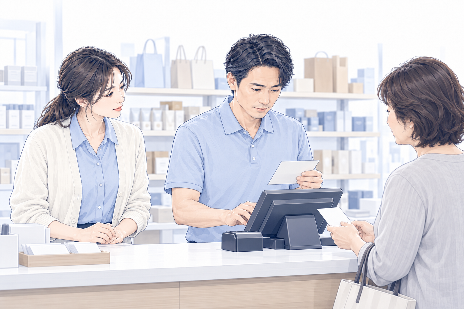 架空の店舗で、お客様の受取時刻の問い合わせにスタッフが準備状況を調べ、近くのリーダーが様子を見る場面