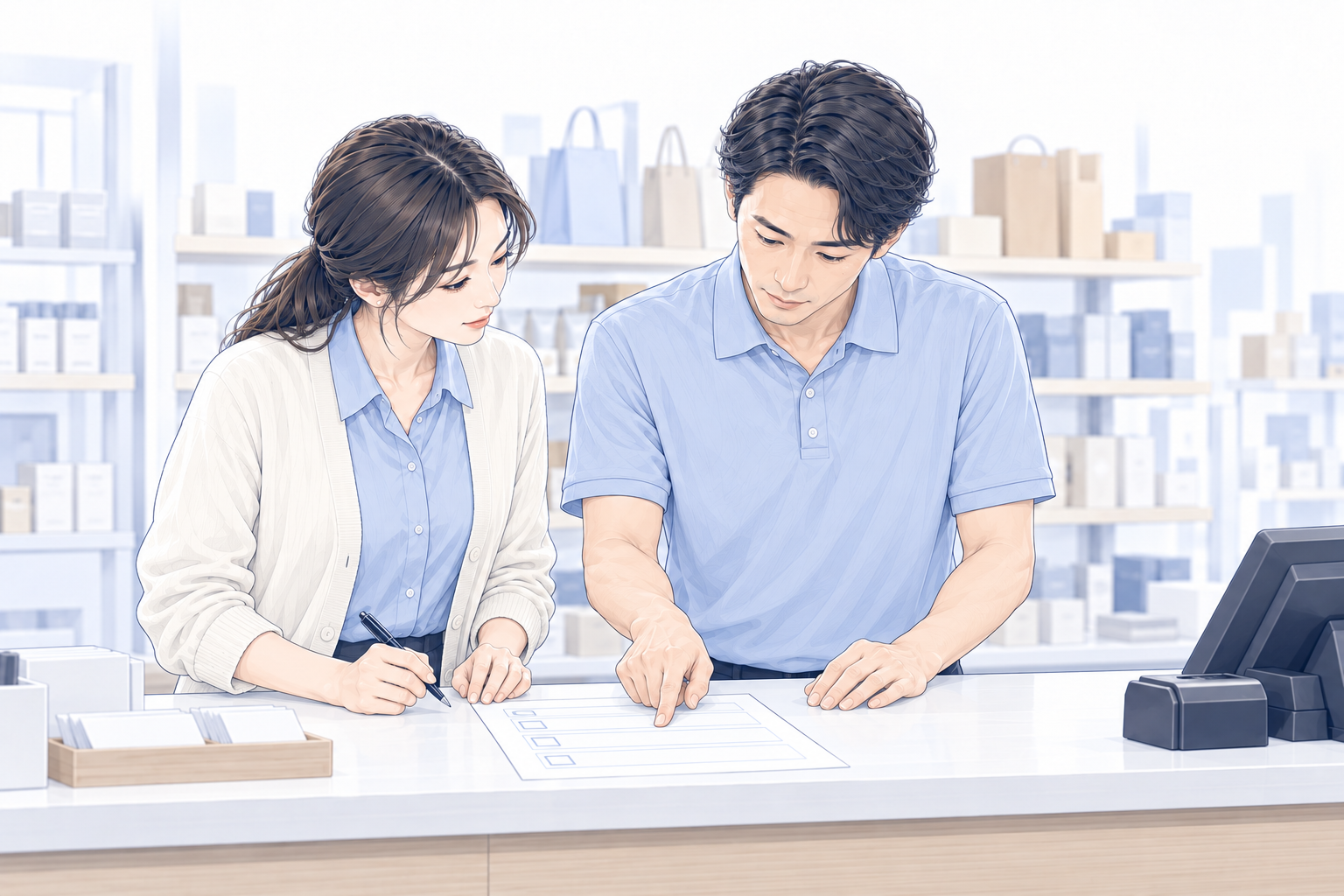 接客後の店舗カウンターで、スタッフが同じ注文メモの一項目を示し、リーダーが説明を聴く場面