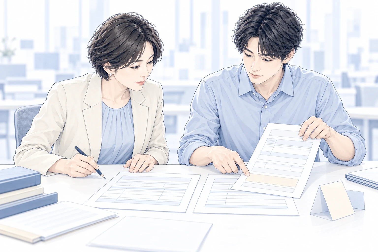通常と異なる依頼の書類と見本を並べ、条件を確かめる担当者とリーダー。