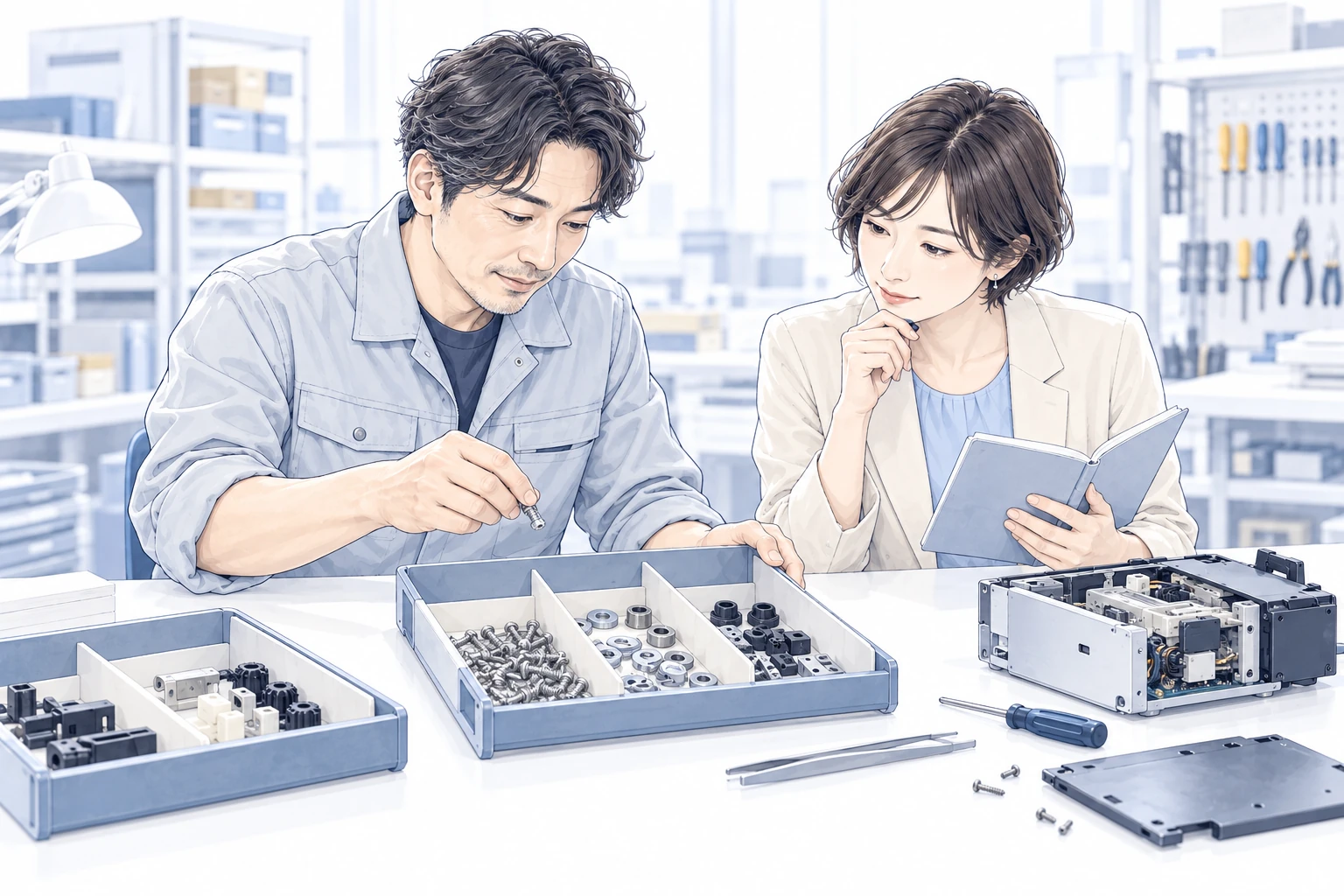 書類用の浅いトレーを部品の仕分けに使う修理担当者と、その工夫を観察する開発担当者。
