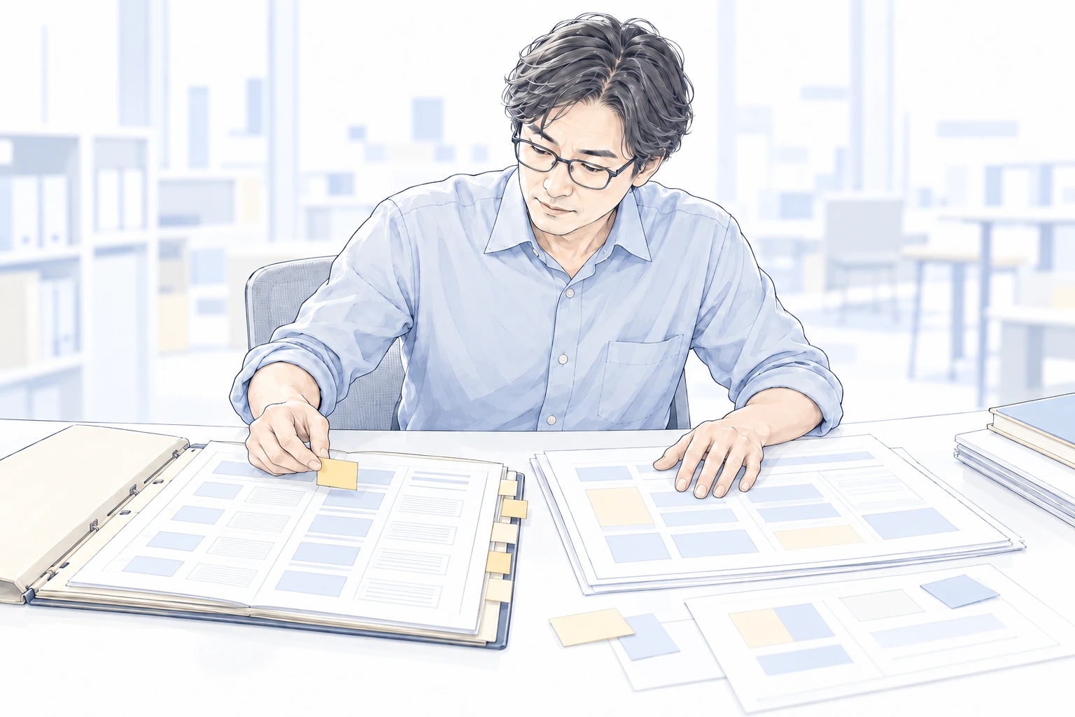 50代の男性担当者が、昨年の点検日程と今回の調整記録を一人で並べて比較している。