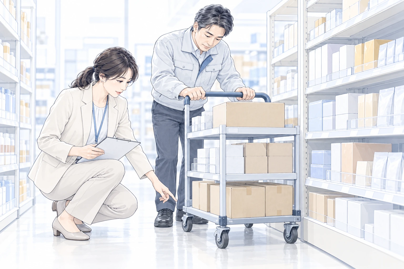 店頭の棚と補充用カートを前に、納品箱を置く場所を確かめる提案担当者と店舗担当者。