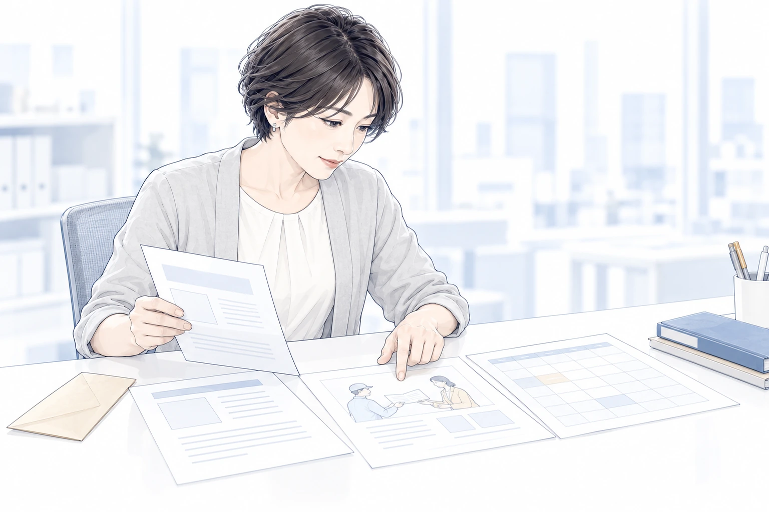40代の女性担当者が、依頼のメモ、報告を使う場面の資料、日程表を一人で見比べている。