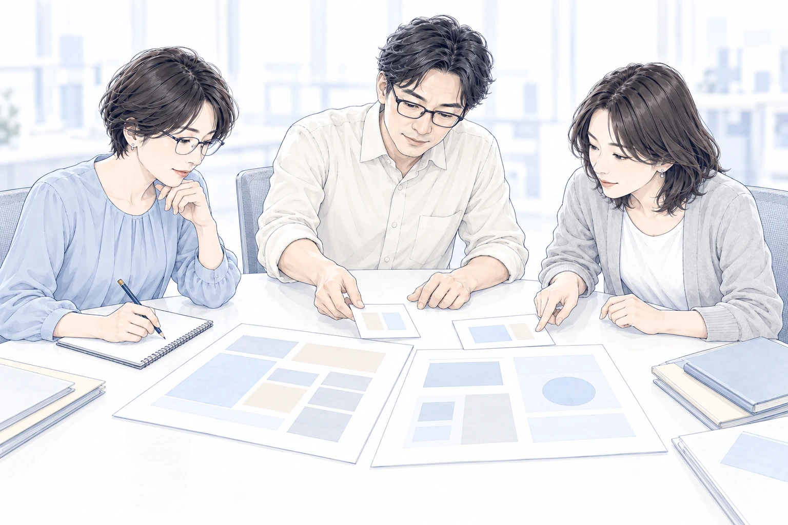 男女三人の担当者が、二つの出張費申請案と判断材料を同じ目線で並べて比較している。