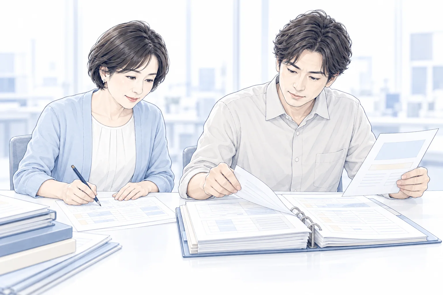 報告を使う人と、会議を支える人の動きを確かめる場面。